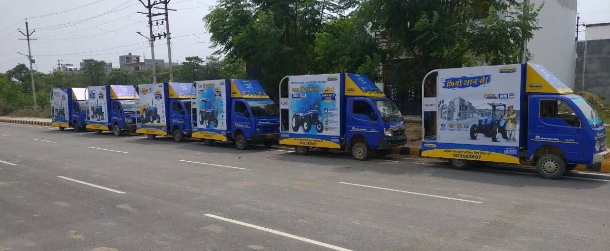 Rudra's branded mobile van fleet lined up on the road