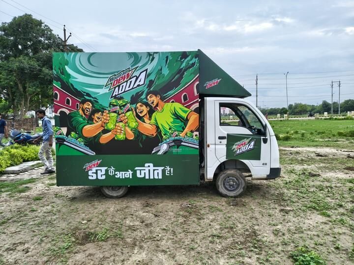 Branded mobile activation van, close view