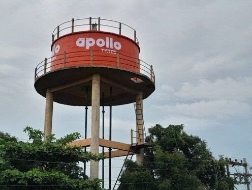 Apollo Tyres branded overhead water tank structure