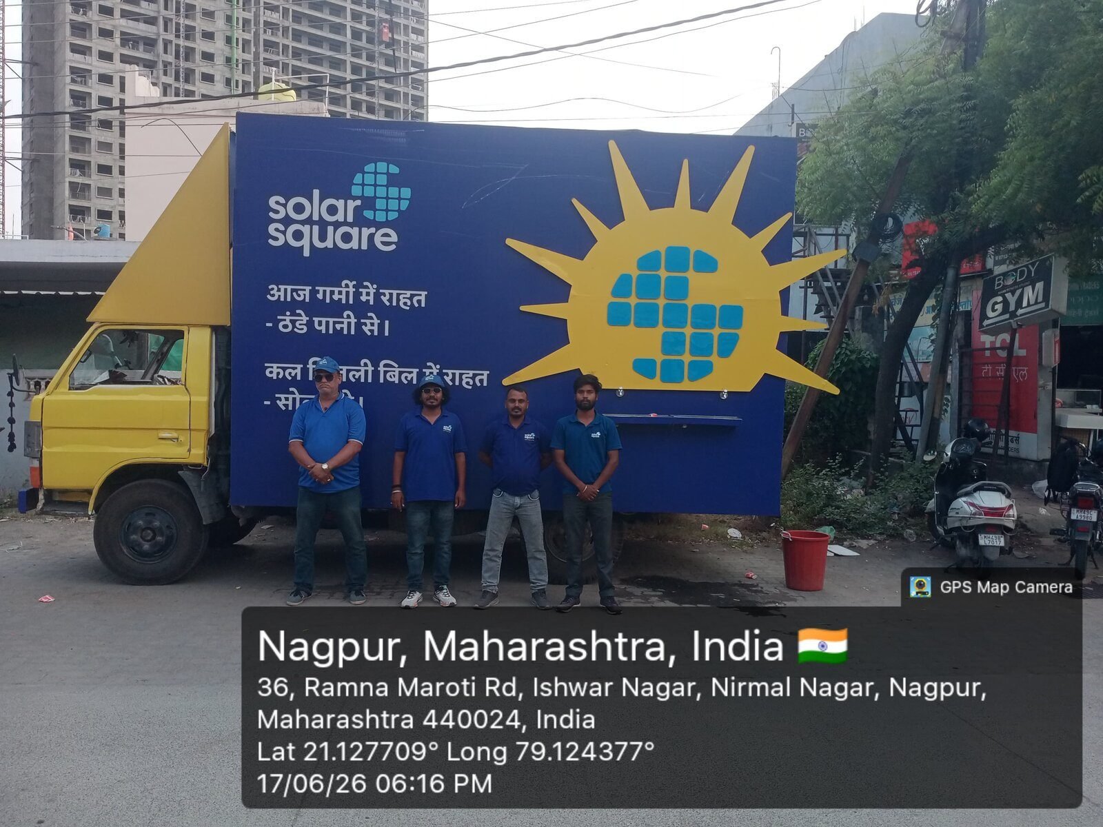 Solar Square branded promotional vehicle with on-ground team